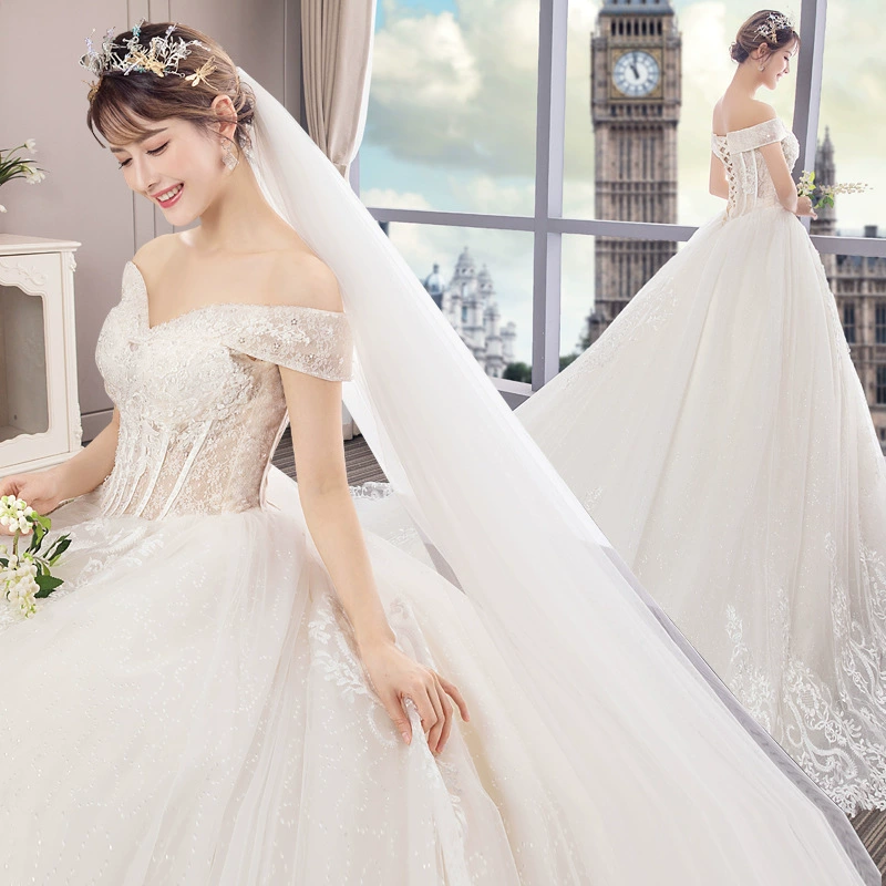 Hepburn French Floor-Length Luxurious Fantasy Train Light Wedding Dress 2025 New Off-Shoulder White Bride Gown - Image 4