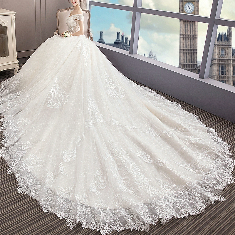 Hepburn French Floor-Length Luxurious Fantasy Train Light Wedding Dress 2025 New Off-Shoulder White Bride Gown - Image 3