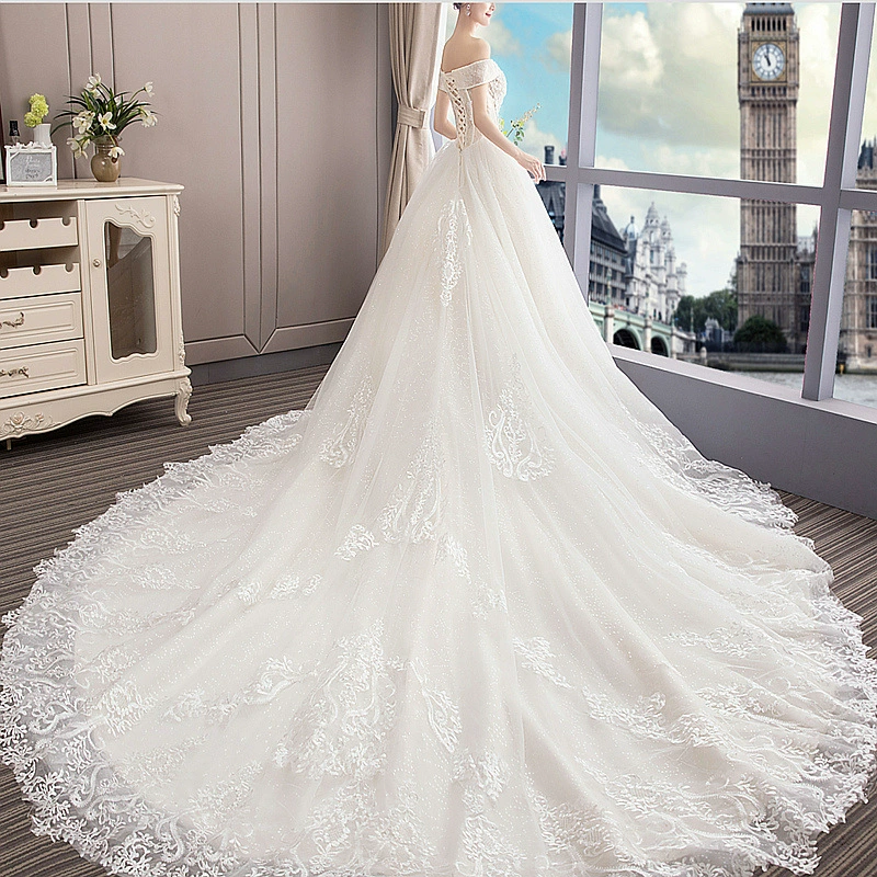 Hepburn French Floor-Length Luxurious Fantasy Train Light Wedding Dress 2025 New Off-Shoulder White Bride Gown - Image 5