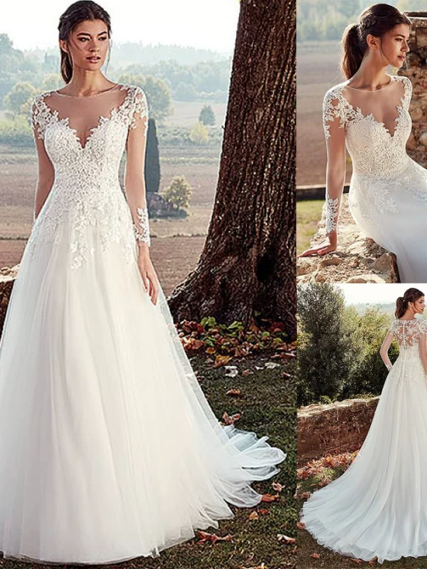 2025 Summer Hot Sale Lace French Appliqué Deep V-Neck Transparent Long Sleeve Main Wedding Dress