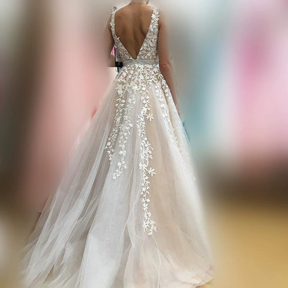 New Hot Sale Light Wedding Dress Elegant Floor-Length Applique Sexy Backless Deep V Summer Wedding Dress