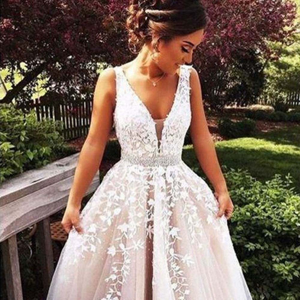 New Hot Sale Light Wedding Dress Elegant Floor-Length Applique Sexy Backless Deep V Summer Wedding Dress - Image 3