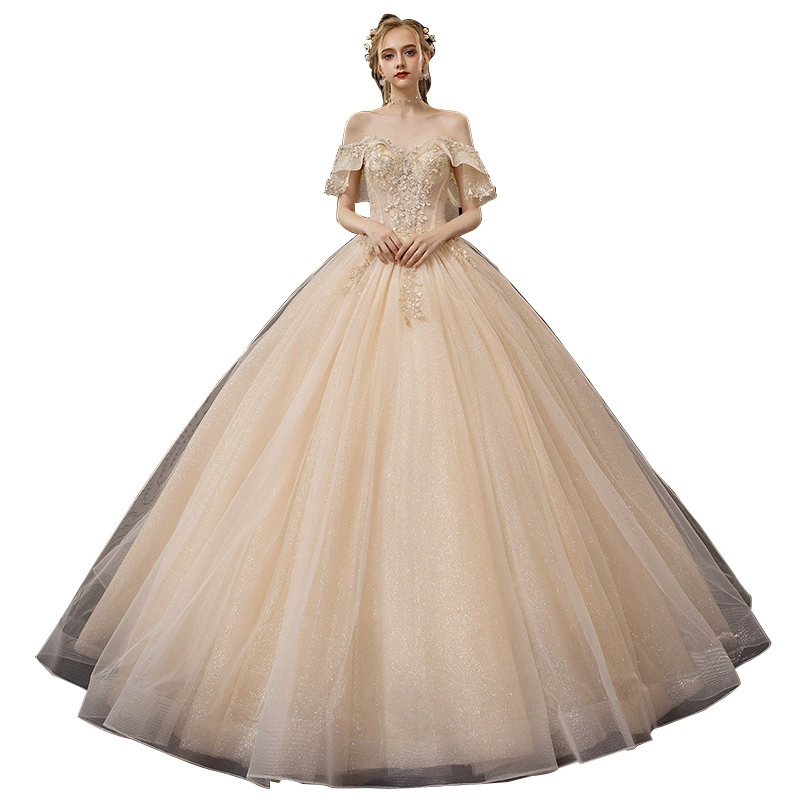 Lightweight Wedding Dress 2025 New Bride Champagne French Forest Train Off-Shoulder Elegant Slim Simple - Image 6