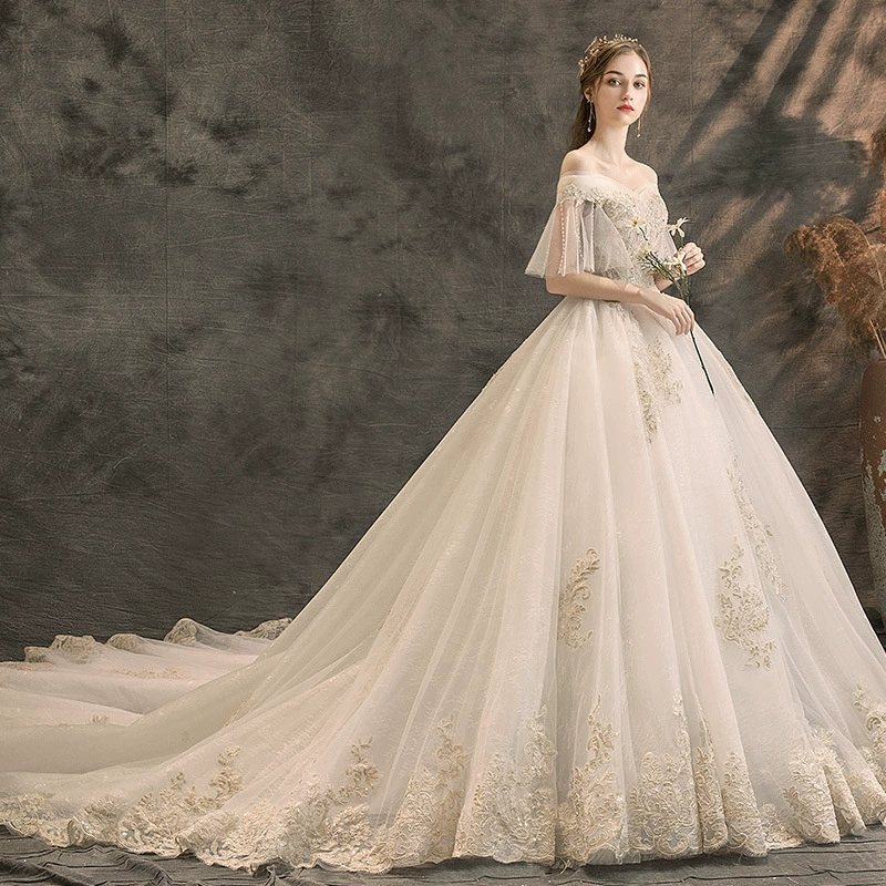 Women's Wedding Dress 2025 New Petite Bride Train Luxury Forest Fairy French Princess Off-Shoulder Light Wedding Dress - Image 4