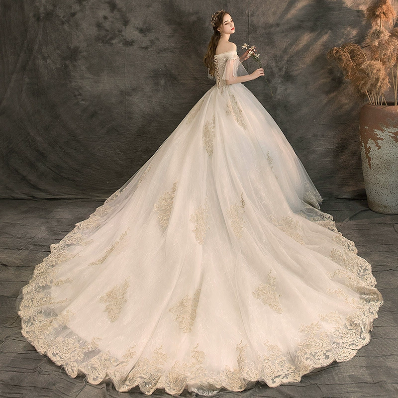 Women's Wedding Dress 2025 New Petite Bride Train Luxury Forest Fairy French Princess Off-Shoulder Light Wedding Dress - Image 5