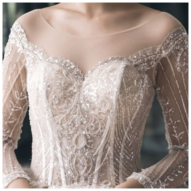 2025 New Bride Mesh Large Train Shiny Sheer Mesh Spliced Off-Shoulder Long Sleeve Backless Wedding Dress Gown - Image 5