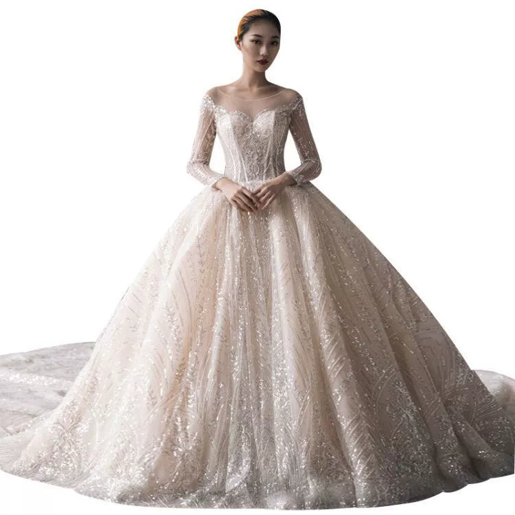 2025 New Bride Mesh Large Train Shiny Sheer Mesh Spliced Off-Shoulder Long Sleeve Backless Wedding Dress Gown - Image 6