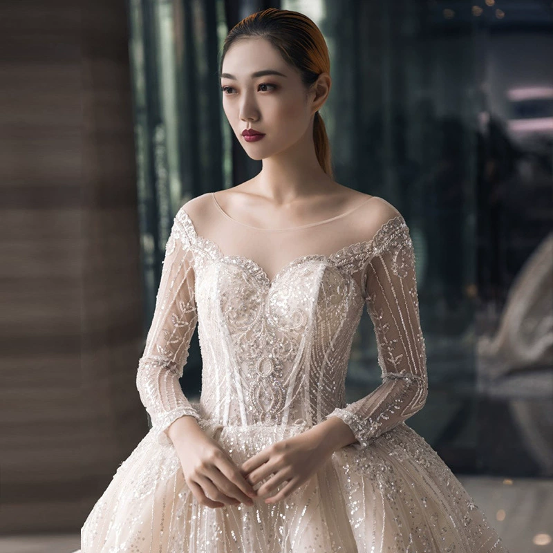 2025 New Bride Mesh Large Train Shiny Sheer Mesh Spliced Off-Shoulder Long Sleeve Backless Wedding Dress Gown