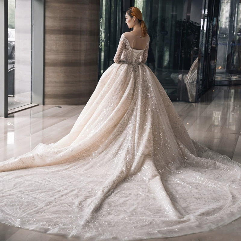 2025 New Bride Mesh Large Train Shiny Sheer Mesh Spliced Off-Shoulder Long Sleeve Backless Wedding Dress Gown - Image 7