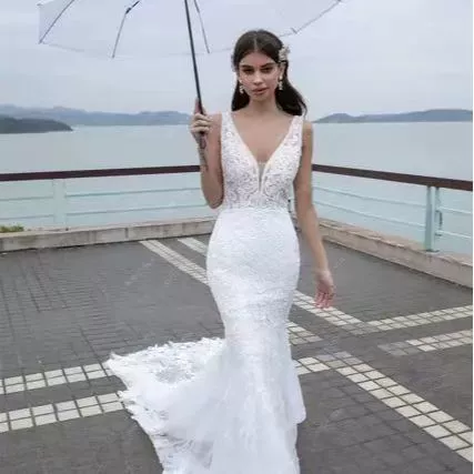 Hot Sexy Lace Backless Deep V Sleeveless Long Train Evening Dress - Image 3