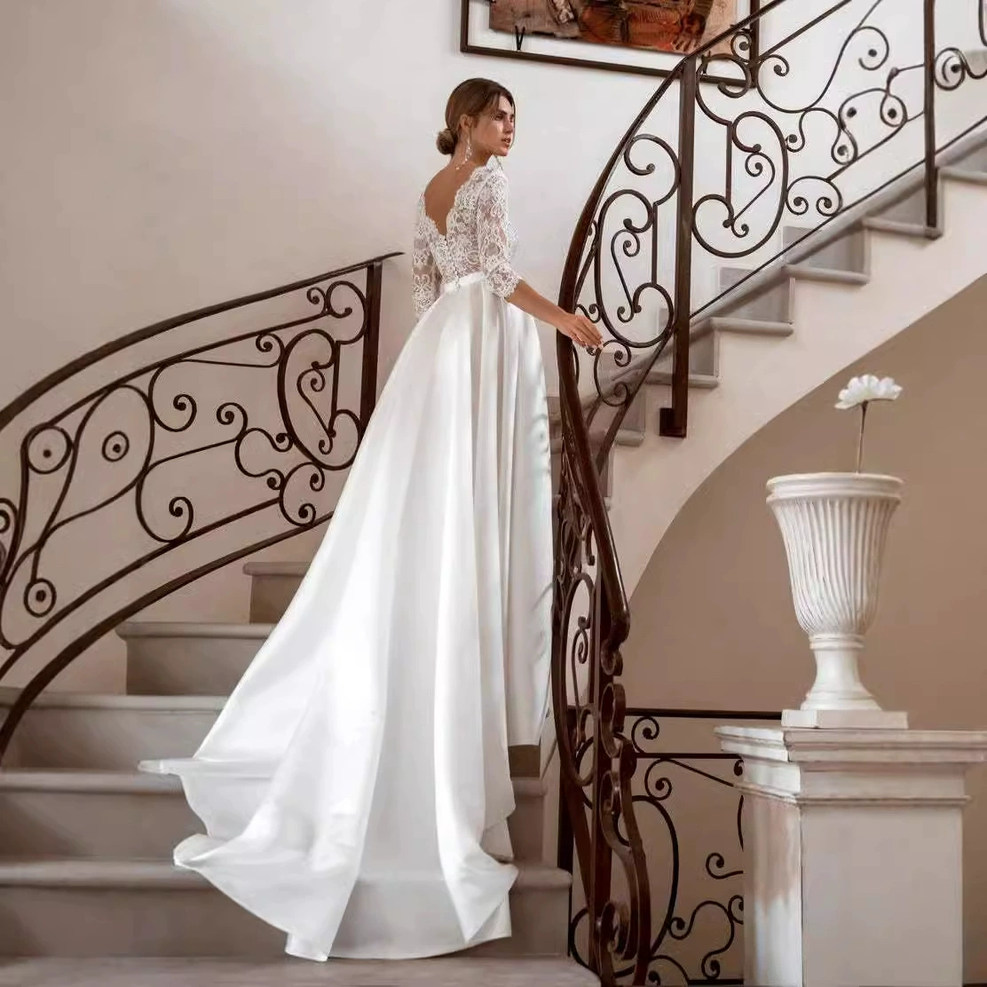 Main Wedding Dress 2025 New Summer Bride High Neck Mid Sleeve Lace Slim Fit Long Train Luxury A-Line Dress - Image 4