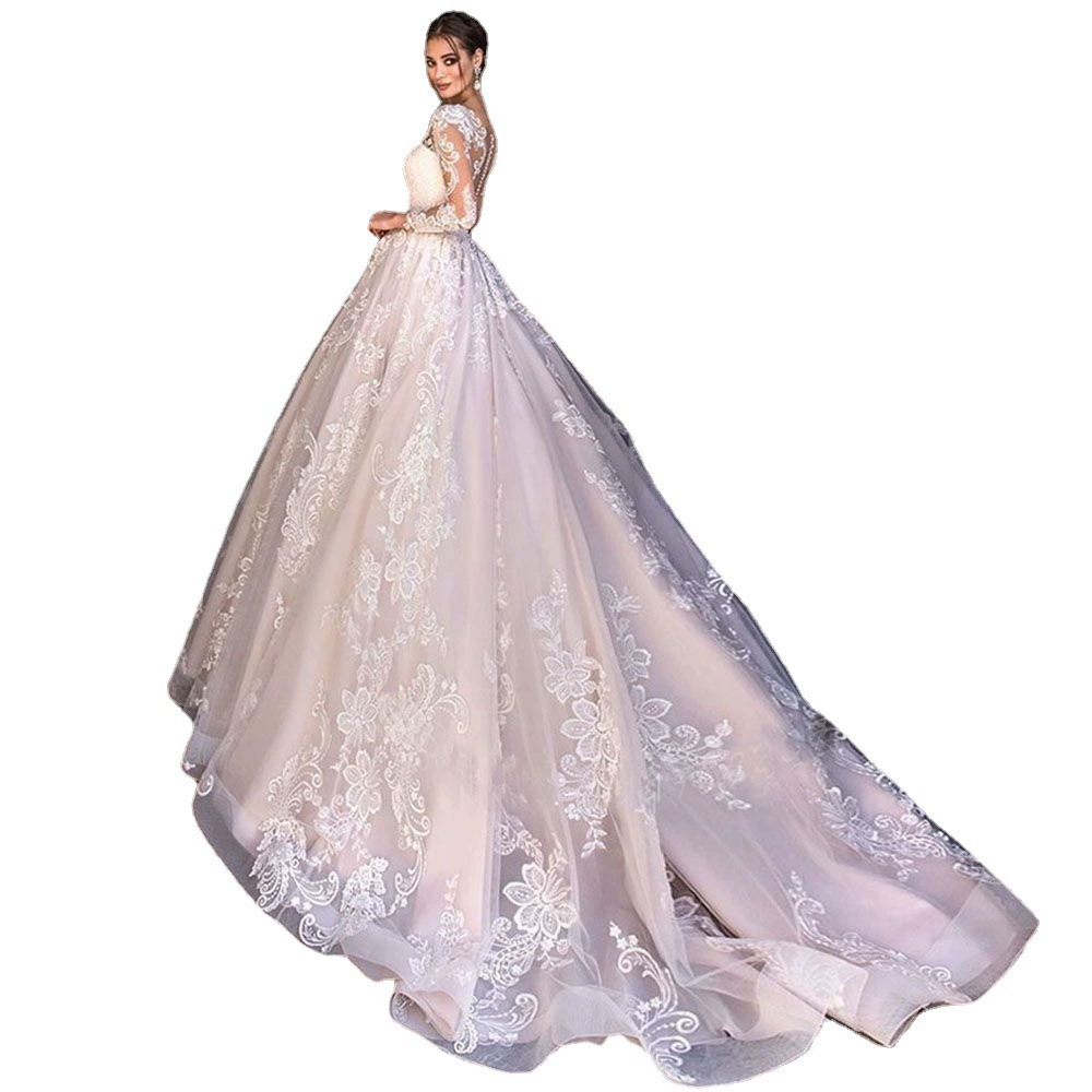 2025 New Summer Wedding Dress Lace Long Sleeve Bridal Lace Train Gown - Image 6