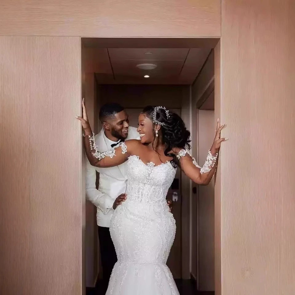 Bridal Long Train Off-Shoulder Long Sleeve Mermaid Wedding Dress Fitted Waist Slim Light Wedding Gown - Image 5