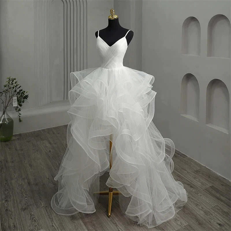 New High-Low Light Wedding Dress 2025 Bride Elegant Simple Fairy Dreamy V-Neck Train Gown
