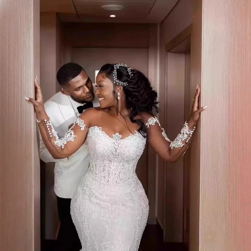 Bridal Long Train Off-Shoulder Long Sleeve Mermaid Wedding Dress Fitted Waist Slim Light Wedding Gown - Image 3