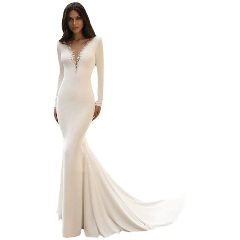 Travel Shoot Light Wedding Dress French Satin Mermaid Main Bridal Gown Elegant Reception Small Train - Image 6