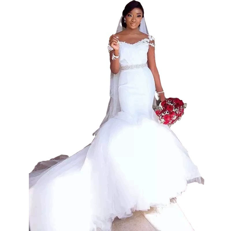 Bridal Round Neck Nude Mermaid Slim Fit Diamond Waistband Long Train Wedding Dress - Image 6