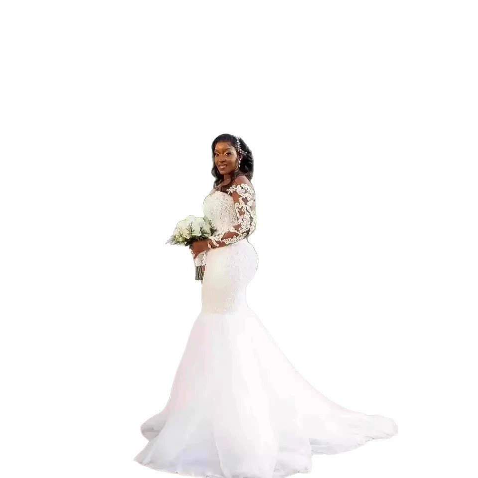 Bridal Long Train Off-Shoulder Long Sleeve Mermaid Wedding Dress Fitted Waist Slim Light Wedding Gown - Image 6