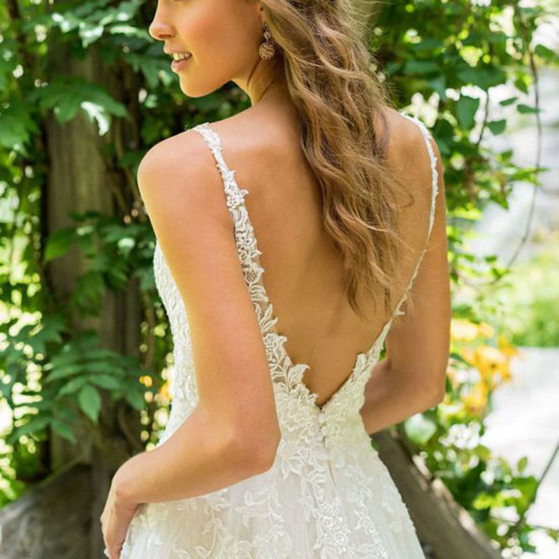 Spaghetti Strap Deep V Wedding Dress 2025 Summer New Bride Plus Size Slim Fit Long Train Lace Beach Gown - Image 3