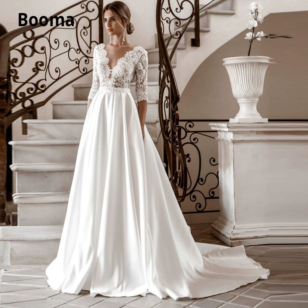 Main Wedding Dress 2025 New Summer Bride High Neck Mid Sleeve Lace Slim Fit Long Train Luxury A-Line Dress - Image 5
