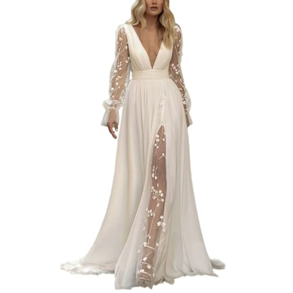 Women's Wedding Dress Deep V-Neck Long Sleeve Long Gown - Image 5