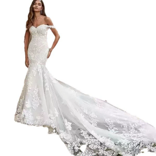 Off-Shoulder Wedding Dress 2025 New Bride Small Train Mermaid Slim Lace Lightweight Minimalist TikTok Hot Sale - Image 6