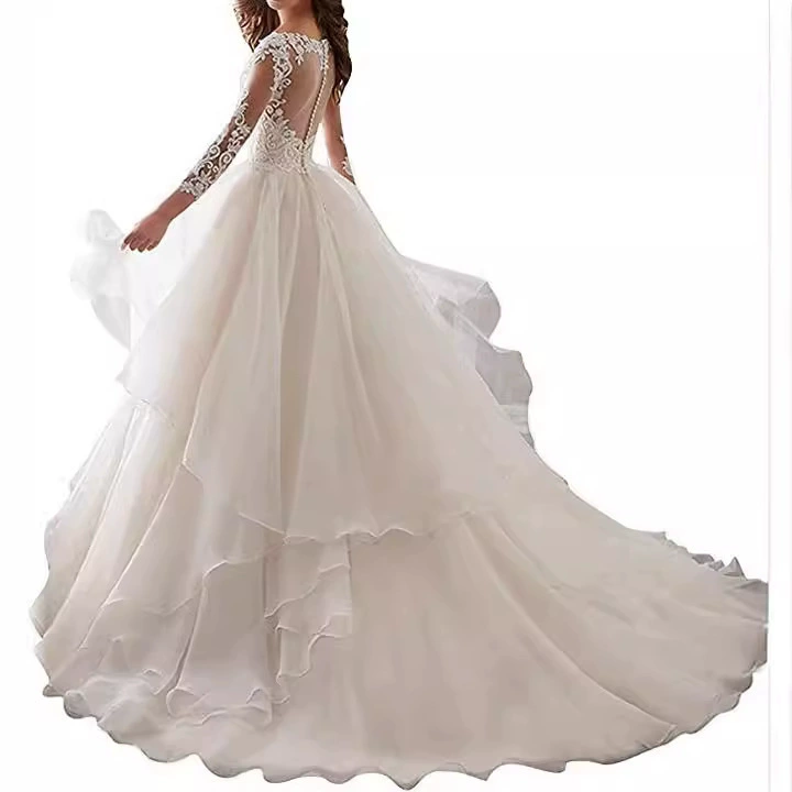 Women's Wedding Dress Deep V Neck Long Sleeve Long Gown