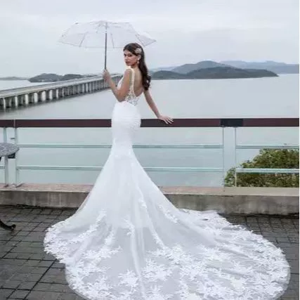 Hot Sexy Lace Backless Deep V Sleeveless Long Train Evening Dress - Image 4