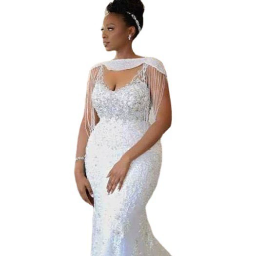 White Lace Elegant Wedding Dress, Luxurious Mid-Waist Mermaid Long White Sexy Evening Gown - Image 6