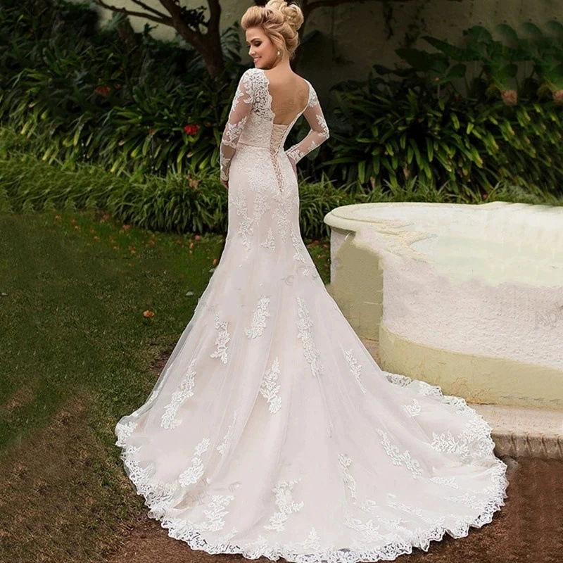 Wedding Dress 2025 New Slimming Deep Back Round Neck Lace Small Train Mermaid Bridal Outdoor Photoshoot Gown - Image 5
