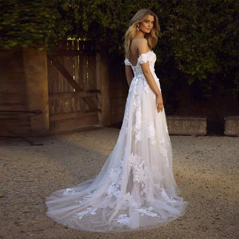 Lace Applique Wedding Dress 2025 Spring Sweetheart Off-Shoulder Backless Princess Bride Party A-Line Dress - Image 4