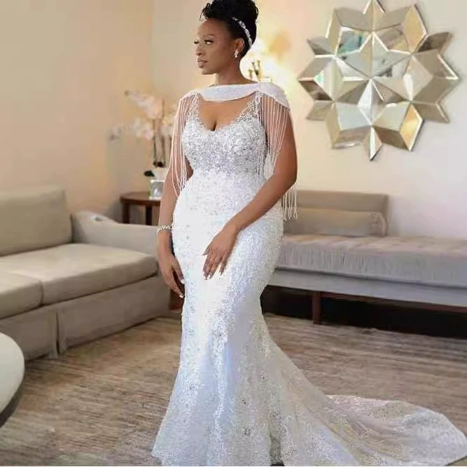 White Lace Elegant Wedding Dress, Luxurious Mid-Waist Mermaid Long White Sexy Evening Gown - Image 5