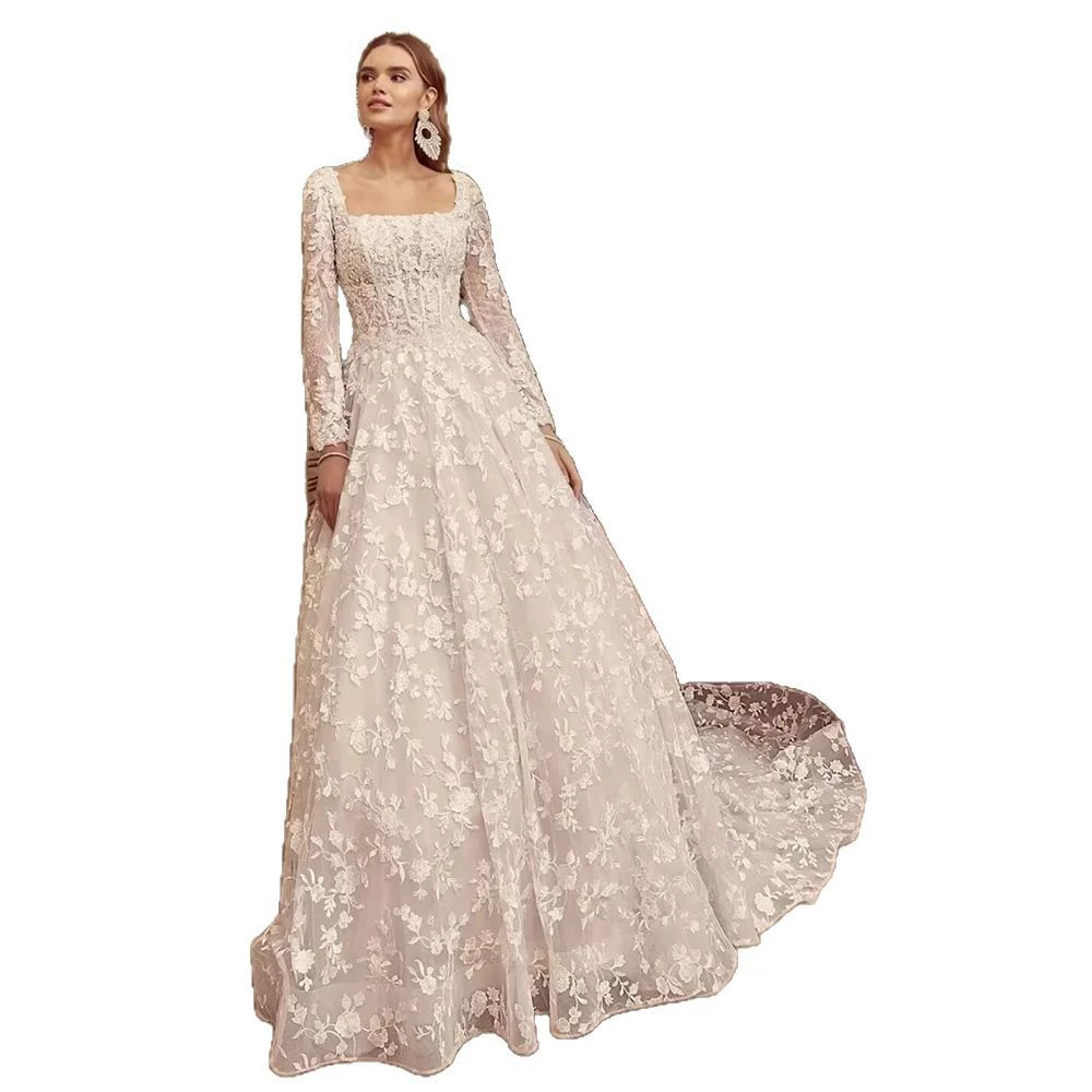 Vintage Square Neck Bridal Dress Long Train French Style Elegant Slim Luxury Evening Gown - Image 6