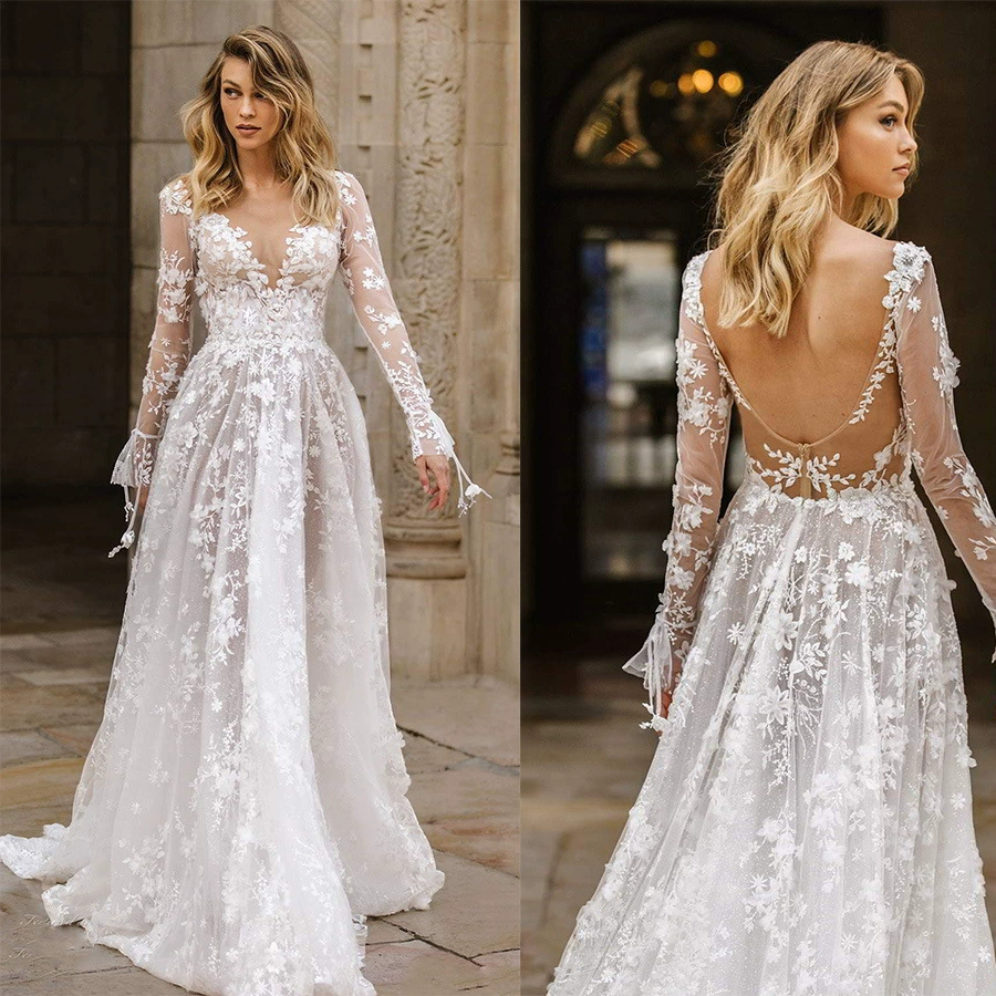Wedding Dress 2025 New Gown Sexy Lace Long Sleeve Dress Evening Dress Summer - Image 3