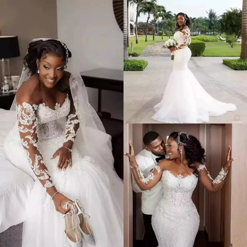 Bridal Long Train Off-Shoulder Long Sleeve Mermaid Wedding Dress Fitted Waist Slim Light Wedding Gown