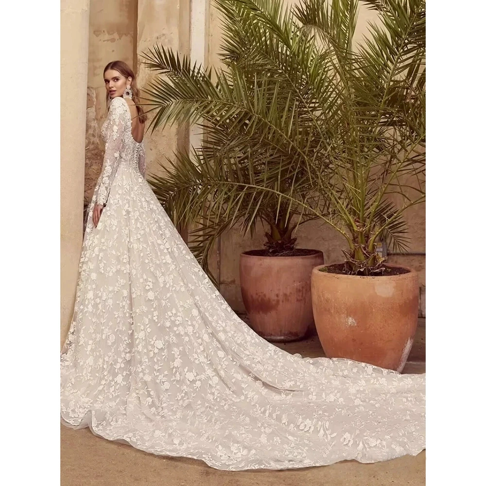 Vintage Square Neck Bridal Dress Long Train French Style Elegant Slim Luxury Evening Gown - Image 5