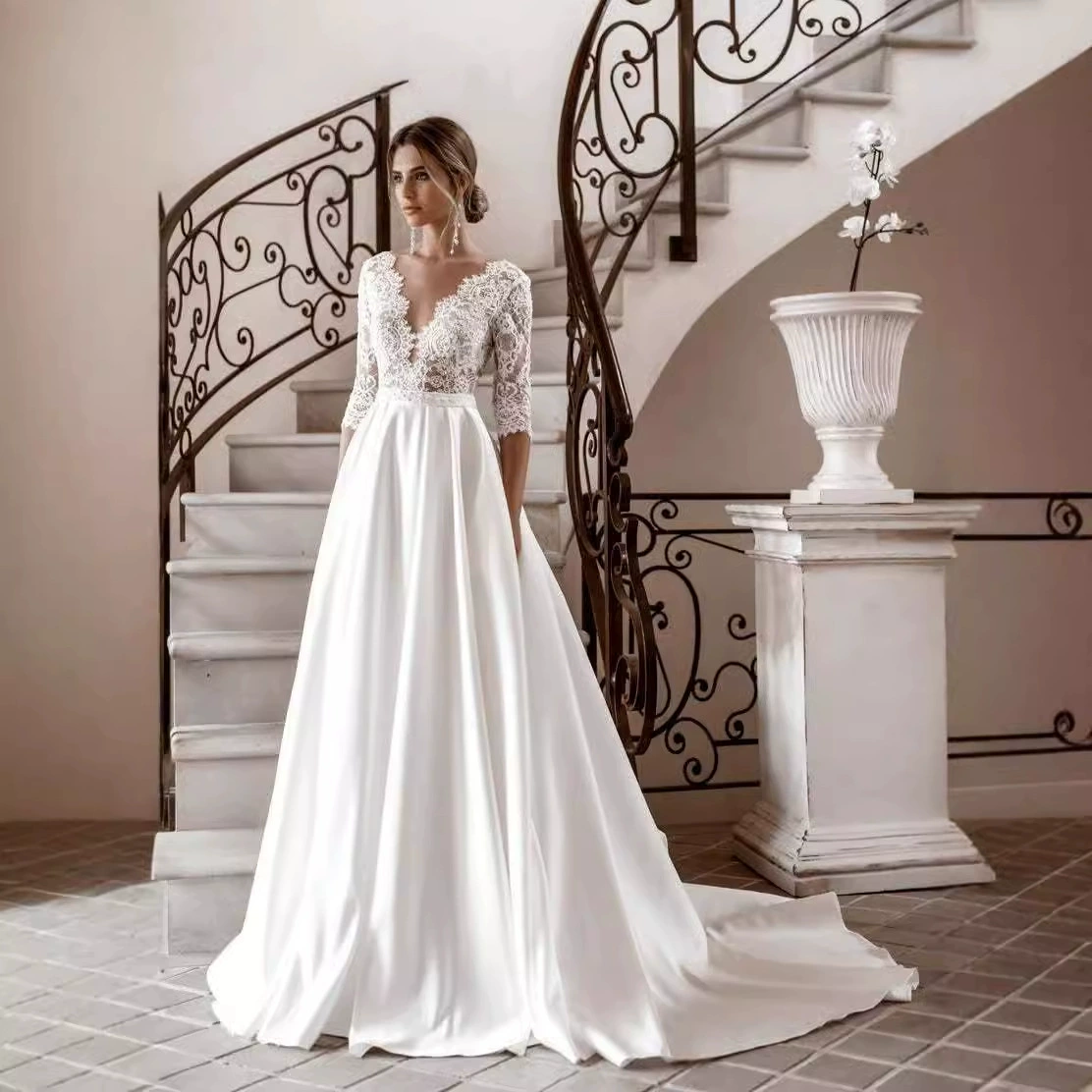 Main Wedding Dress 2025 New Summer Bride High Neck Mid Sleeve Lace Slim Fit Long Train Luxury A-Line Dress - Image 3