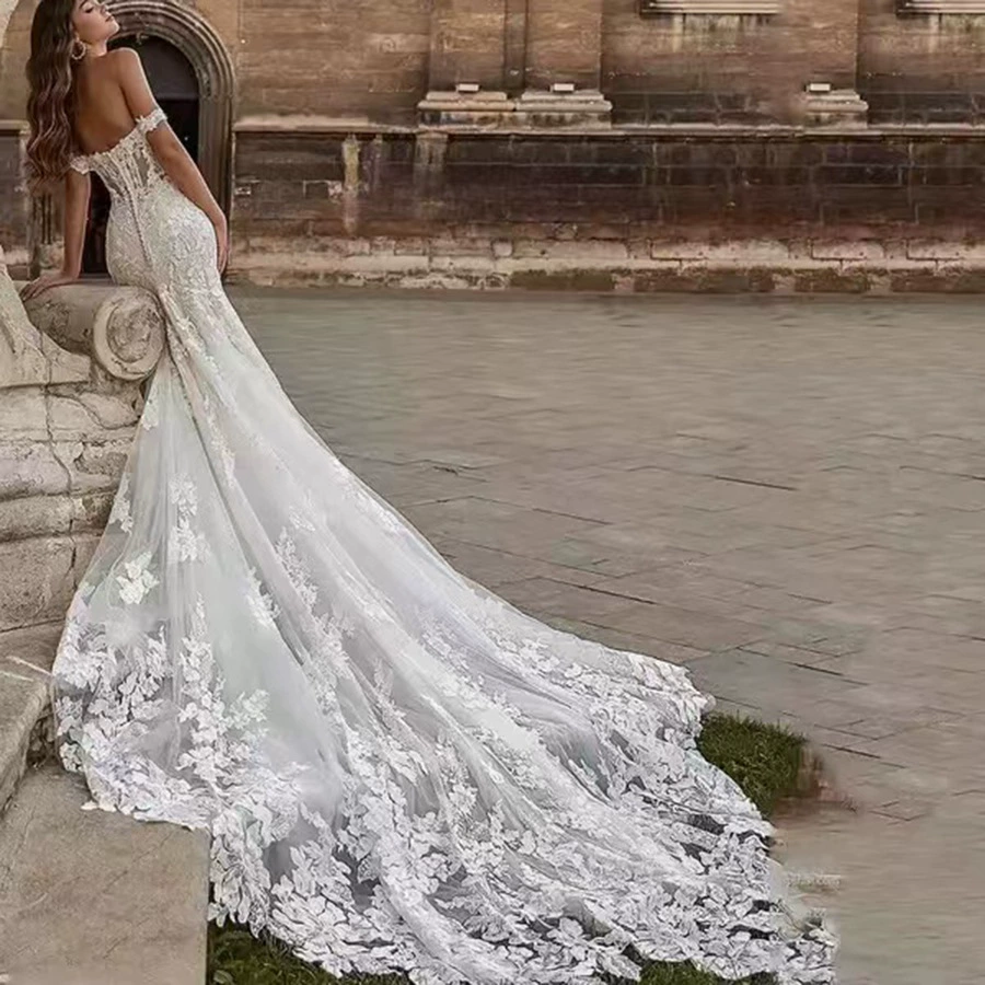 Off-Shoulder Wedding Dress 2025 New Bride Small Train Mermaid Slim Lace Lightweight Minimalist TikTok Hot Sale - Image 3