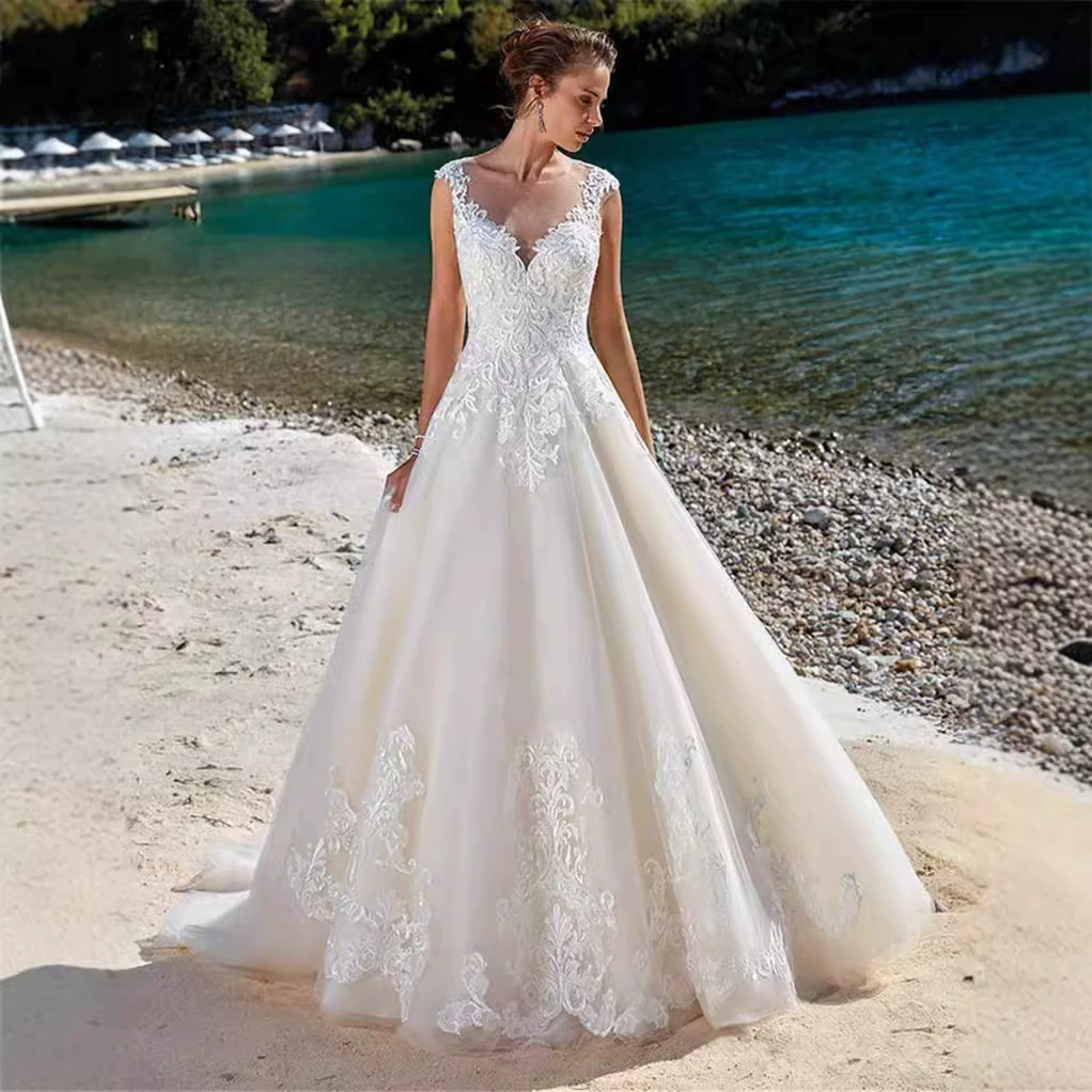 2025 New Bridal Lace Slim Fit Round Neck Light Train Open Back Arm Cover Forest Style Dress