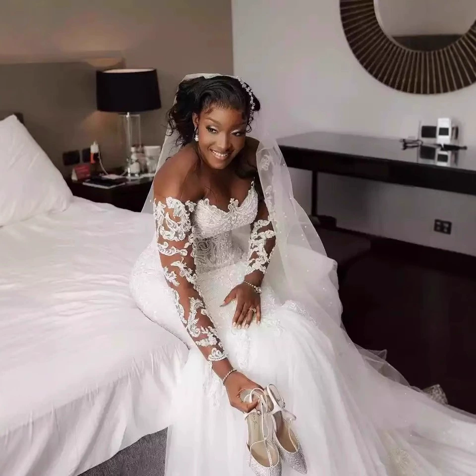 Bridal Long Train Off-Shoulder Long Sleeve Mermaid Wedding Dress Fitted Waist Slim Light Wedding Gown - Image 4