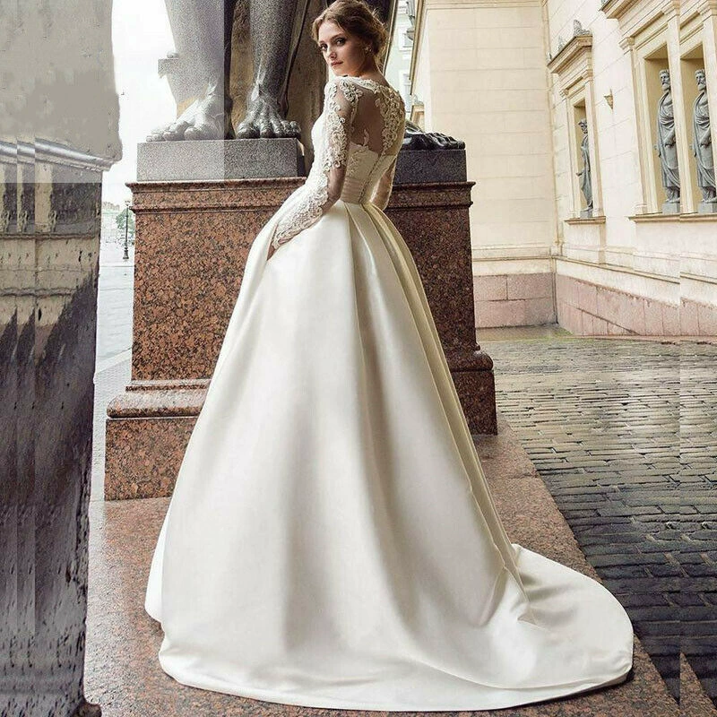 New Wedding Dress Summer 2025 Round Neck, Elegant Long Sleeve Satin Slim Fit Long Dress - Image 5
