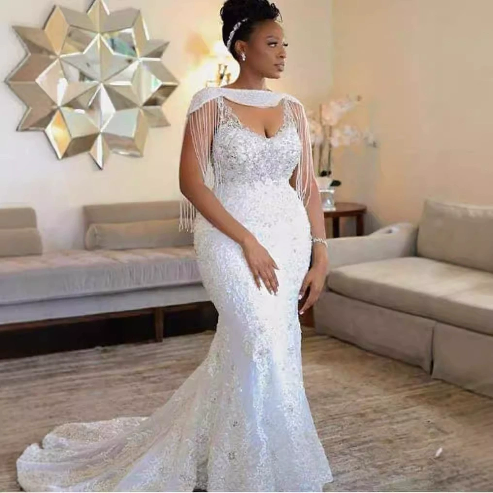 White Lace Elegant Wedding Dress, Luxurious Mid-Waist Mermaid Long White Sexy Evening Gown - Image 3