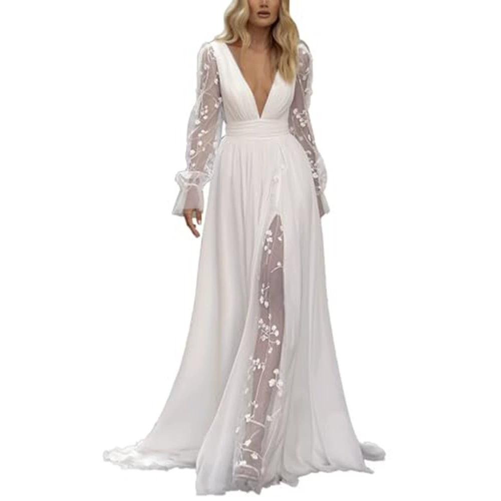 Women's Wedding Dress Deep V-Neck Long Sleeve Long Gown
