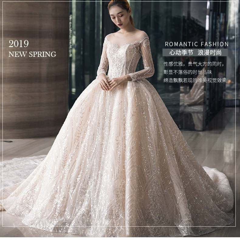 2025 New Bride Mesh Large Train Shiny Sheer Mesh Spliced Off-Shoulder Long Sleeve Backless Wedding Dress Gown - Image 4