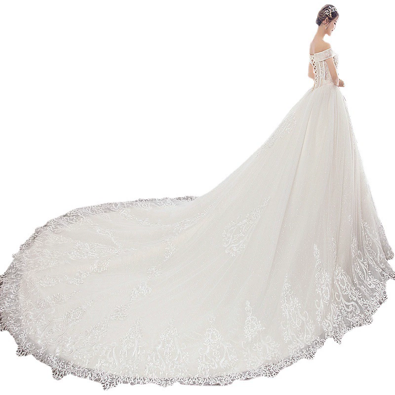 Hepburn French Floor-Length Luxurious Fantasy Train Light Wedding Dress 2025 New Off-Shoulder White Bride Gown - Image 6