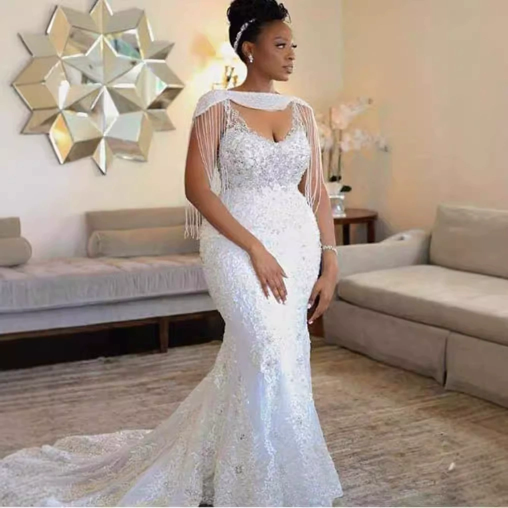 White Lace Elegant Wedding Dress, Luxurious Mid-Waist Mermaid Long White Sexy Evening Gown - Image 4