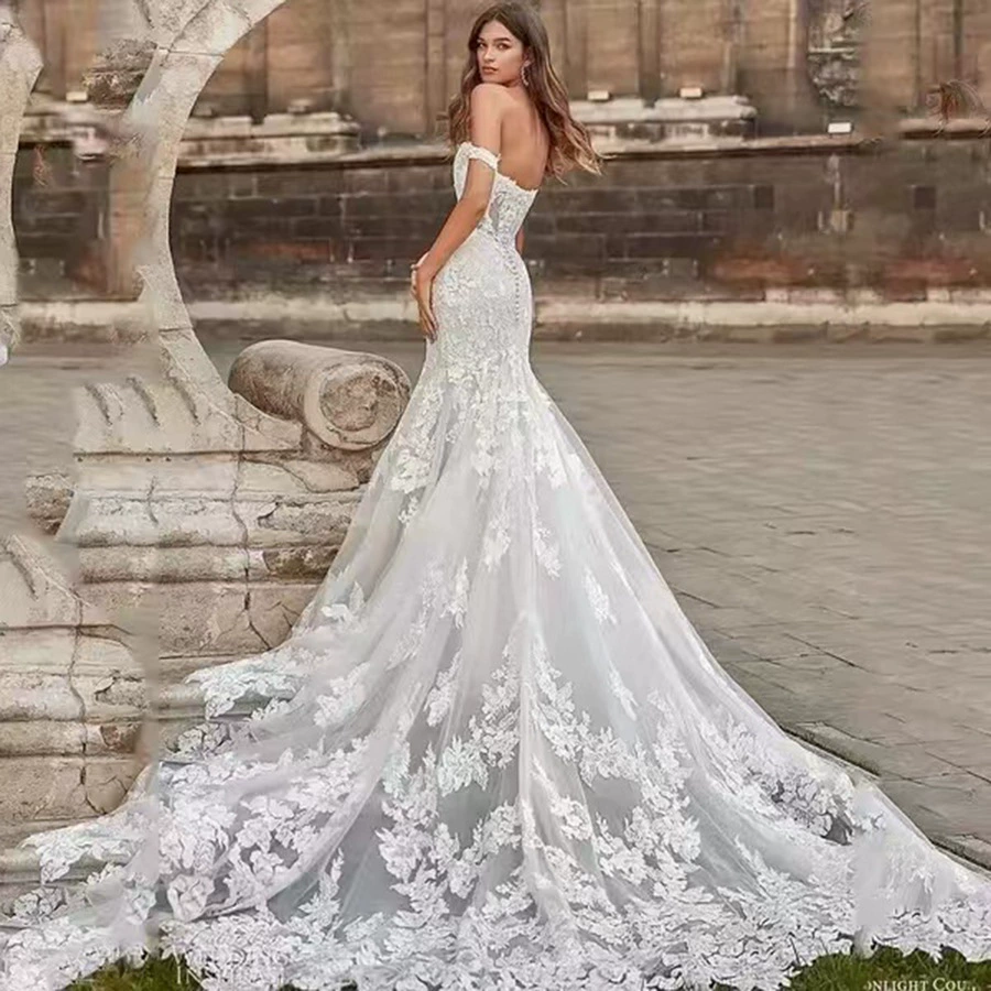 Off-Shoulder Wedding Dress 2025 New Bride Small Train Mermaid Slim Lace Lightweight Minimalist TikTok Hot Sale - Image 4