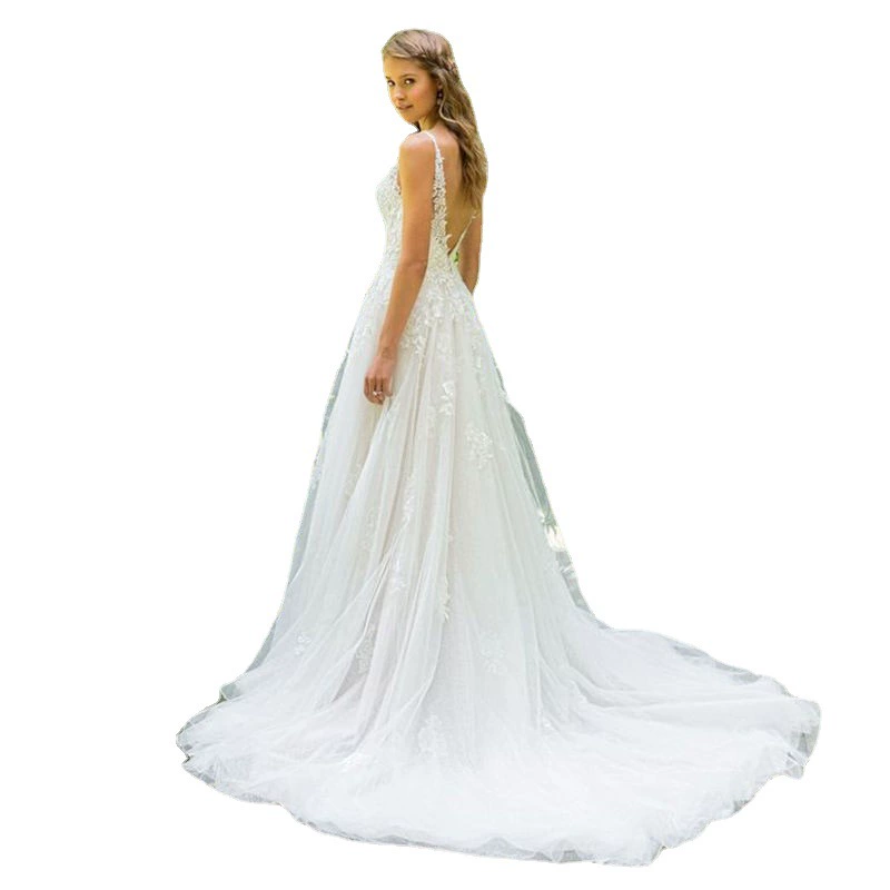 Spaghetti Strap Deep V Wedding Dress 2025 Summer New Bride Plus Size Slim Fit Long Train Lace Beach Gown - Image 6