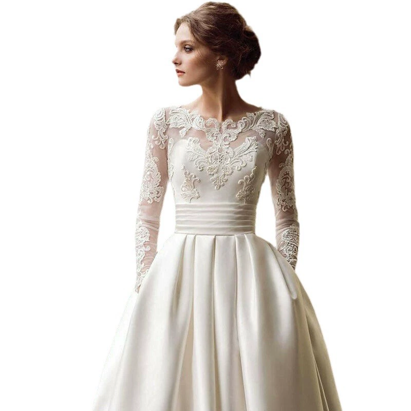 New Wedding Dress Summer 2025 Round Neck, Elegant Long Sleeve Satin Slim Fit Long Dress - Image 6