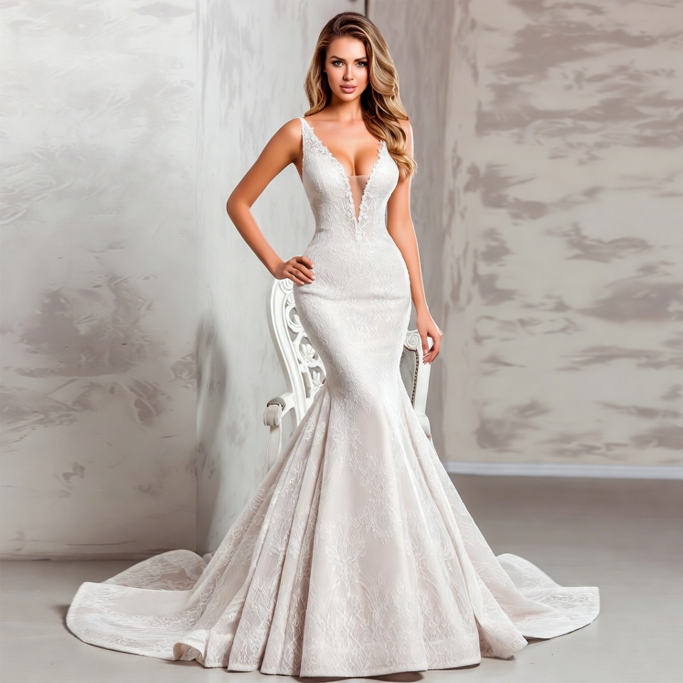 Plunging Deep V Mermaid Wedding Dress-1